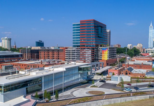 Panoramic view of Warehouse District and The Dillon in downtown Raleigh