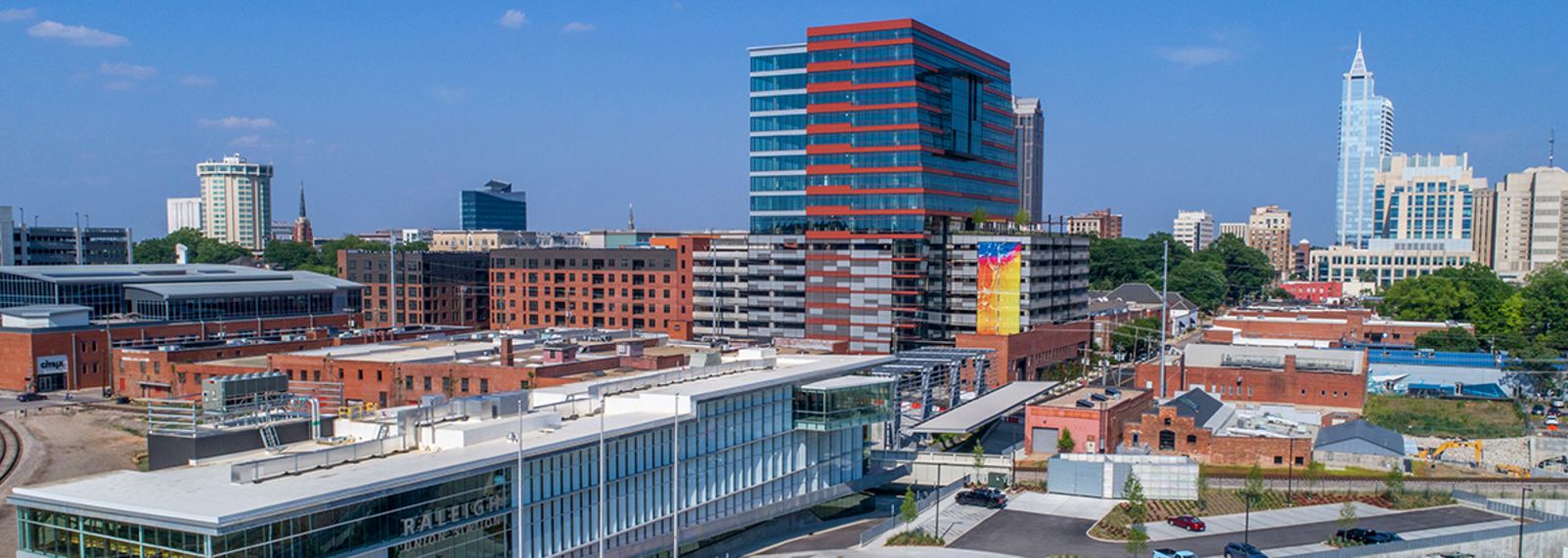 Panoramic view of Warehouse District and The Dillon in downtown Raleigh